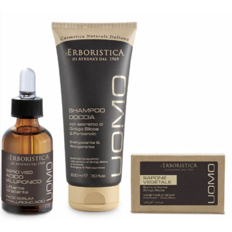 Gift set for Men L'Erboristica UOMO: Face serum Hialuronic Acid 30 ml + shampoo & shower 200 ml + vegetable soap 125 gr ERBORIST