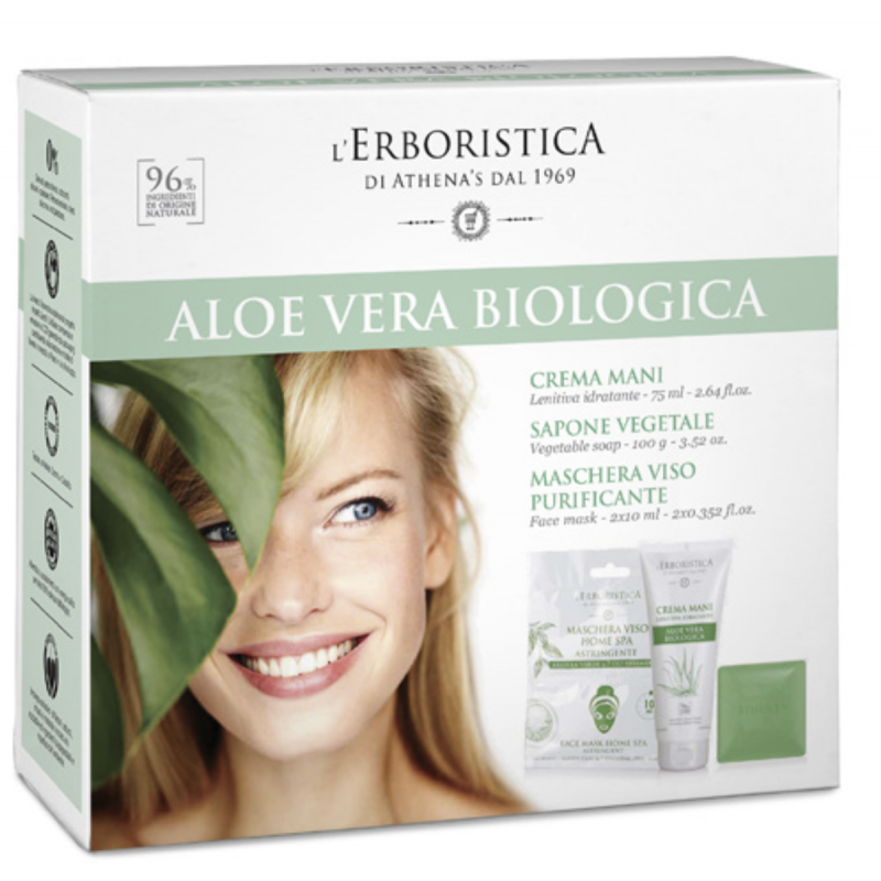 Box gift set Unisex L'Erboristica ORGANIC ALOE VERA:  Hand cream 75 ml - green clay face mask 2 x10 ml + vegetable soap 100 gr E