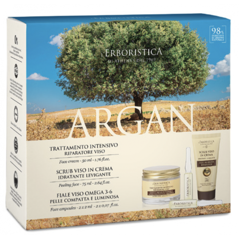 Box gift set Unisex L'Erboristica ORGANIC ARGAN OIL FACE TREATMENT: Face cream 50 ml + face peeling 75 ml + 2x2ml face ampoules 